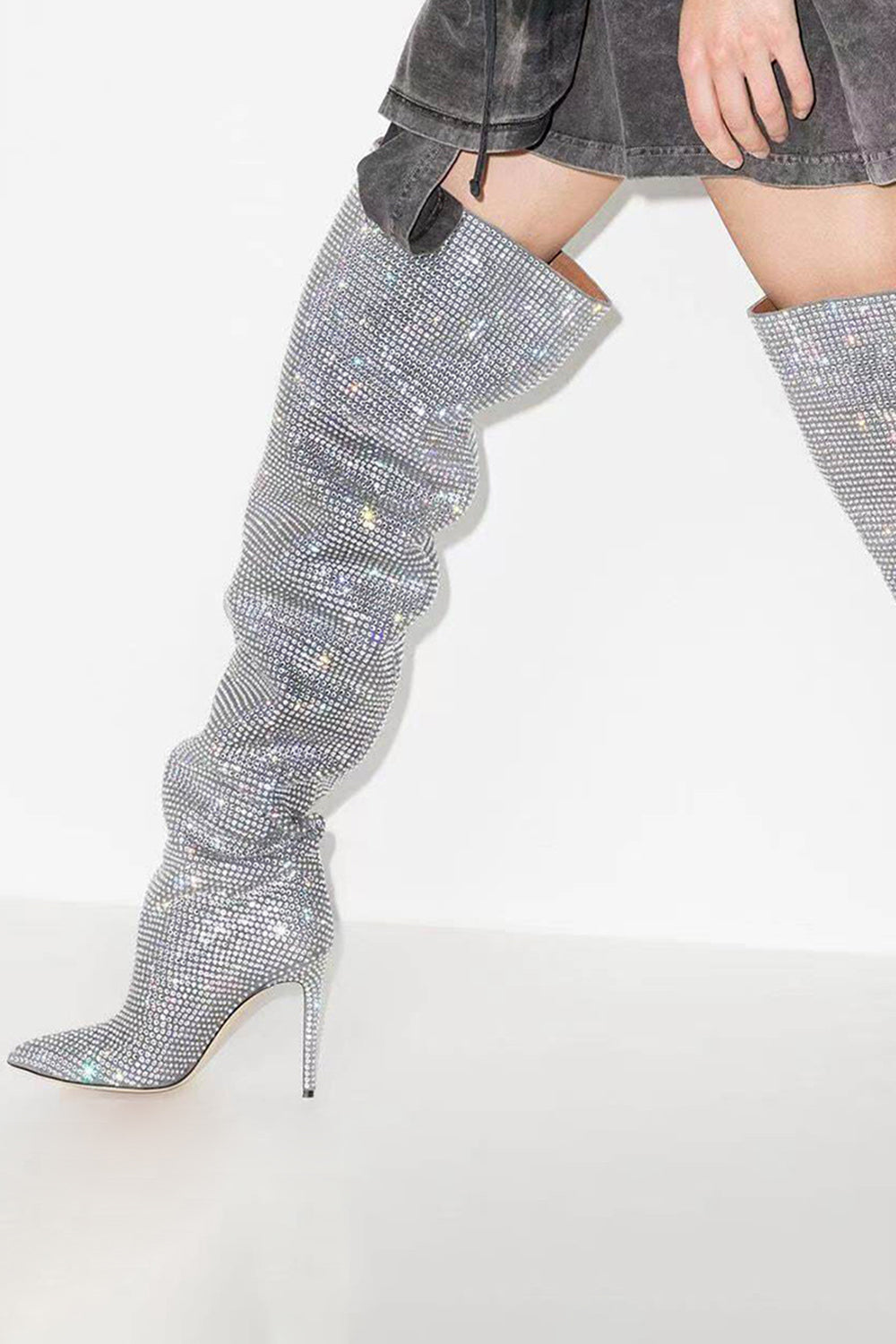 Sparkly Silver Rhinestone Over-The-Knee Stiletto Boots - Image 1