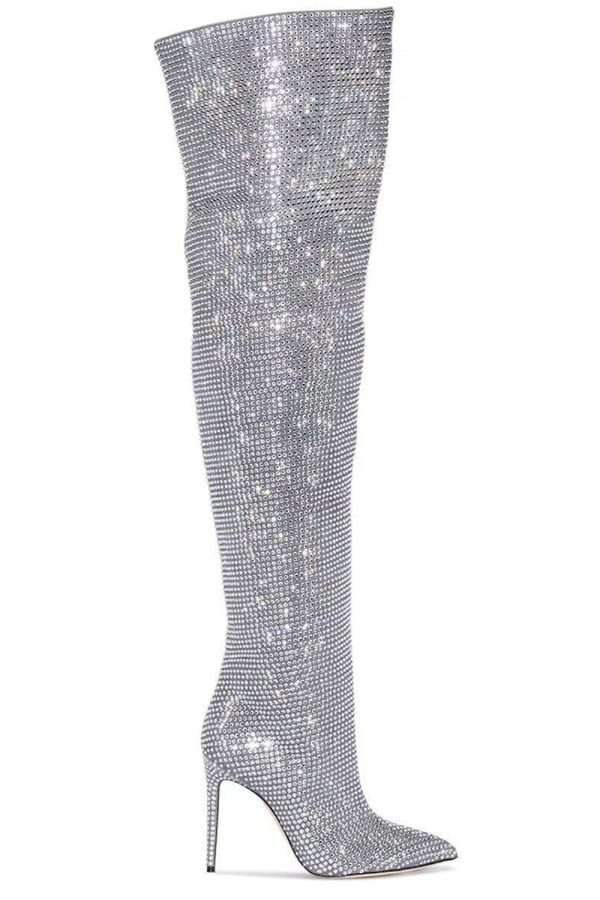Sparkly Silver Rhinestone Over-The-Knee Stiletto Boots - Image 2