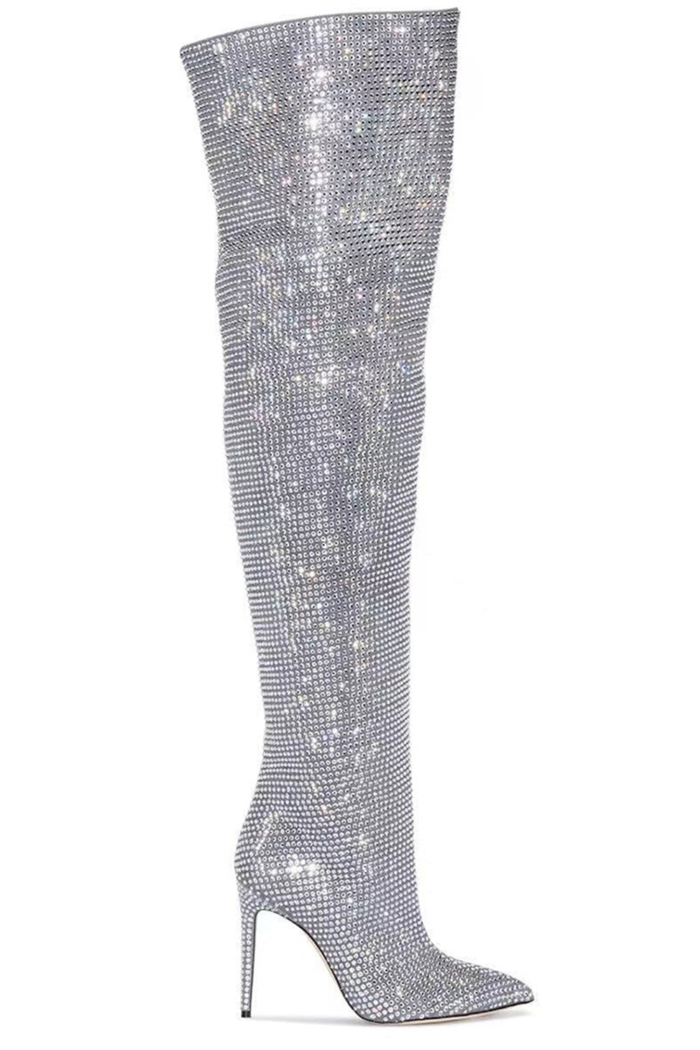 Sparkly Silver Rhinestone Over-The-Knee Stiletto Boots - Image 2