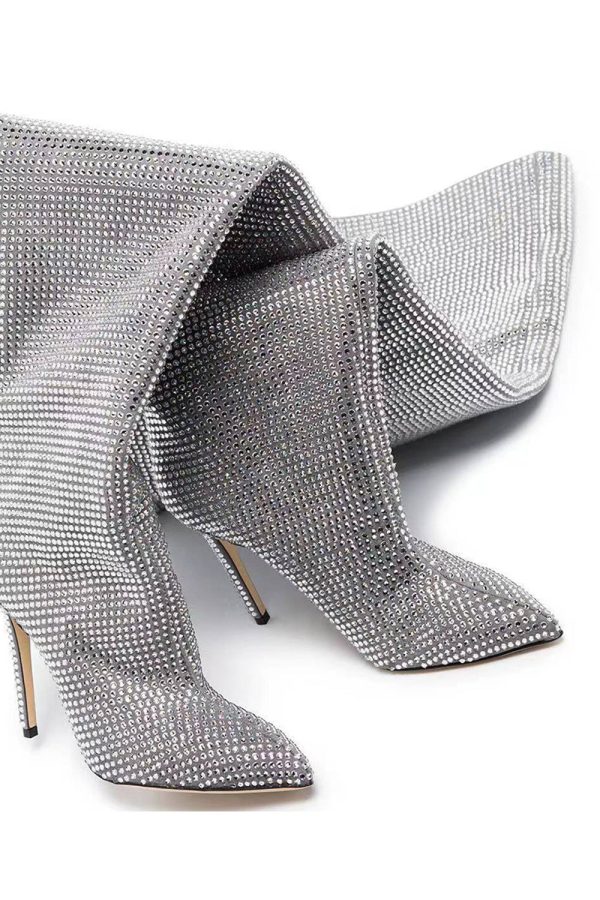 Sparkly Silver Rhinestone Over-The-Knee Stiletto Boots - Image 4