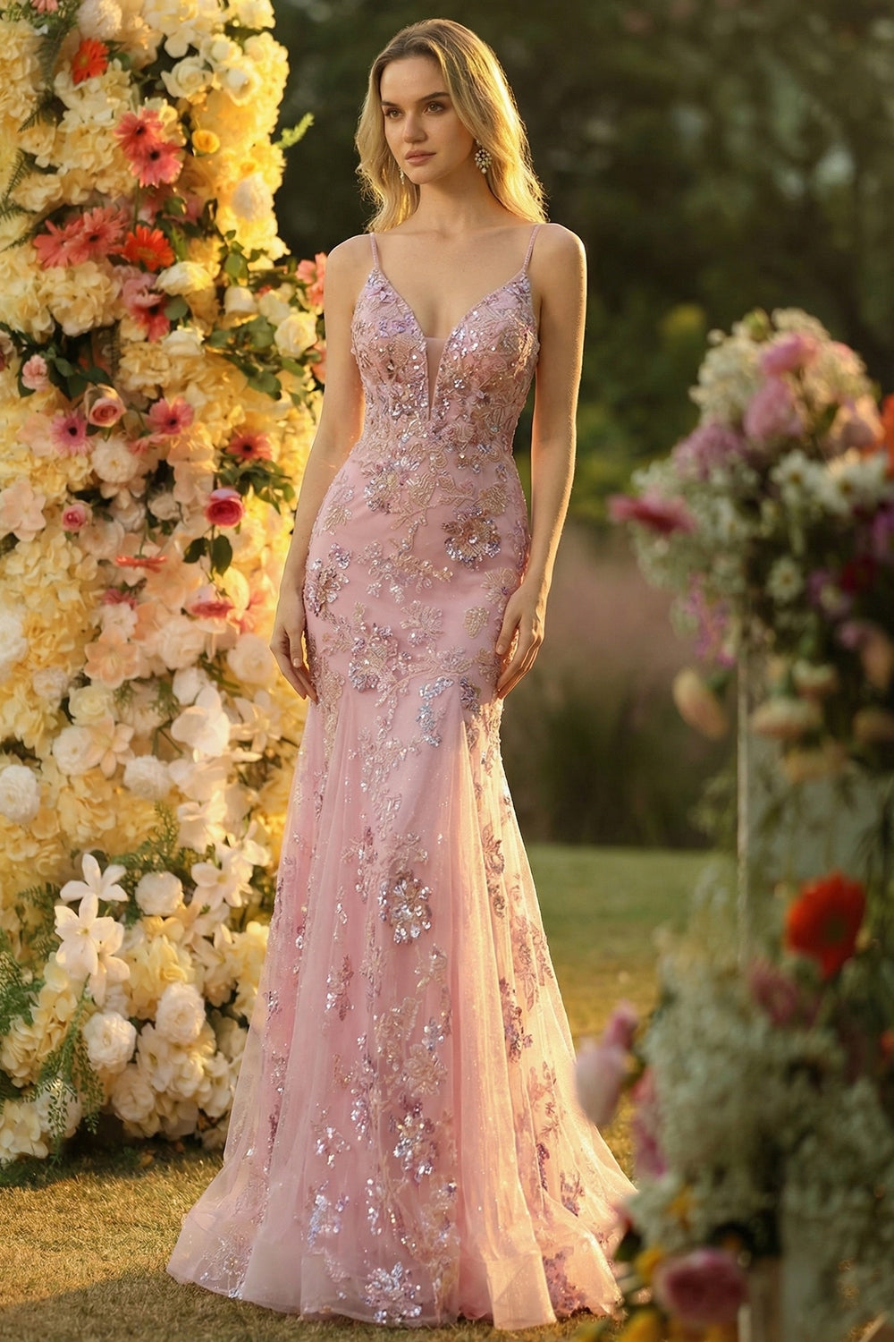 Sparkly Spaghetti Straps Mermaid Blush Prom Dress - Image 1