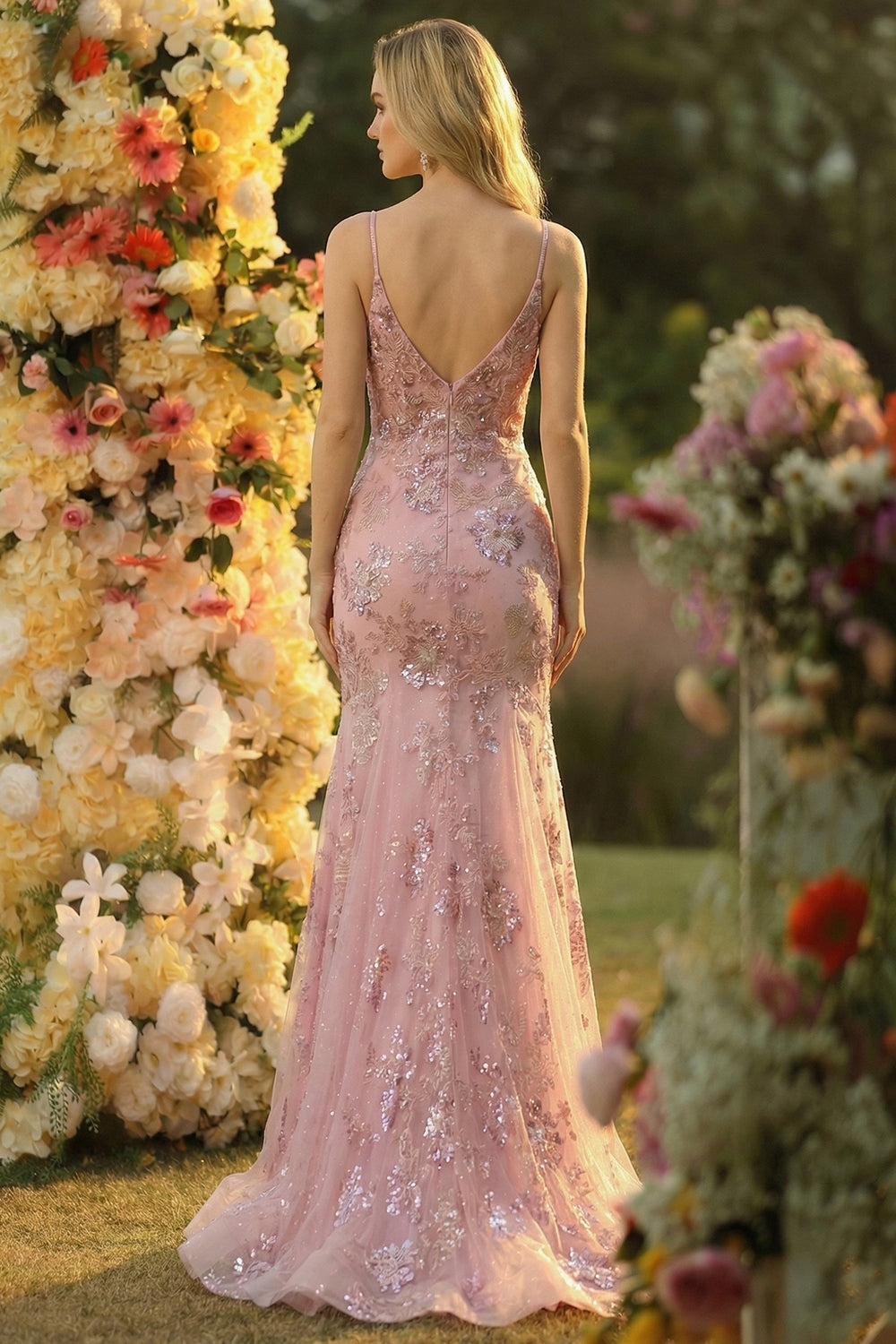 Sparkly Spaghetti Straps Mermaid Blush Prom Dress - Image 2
