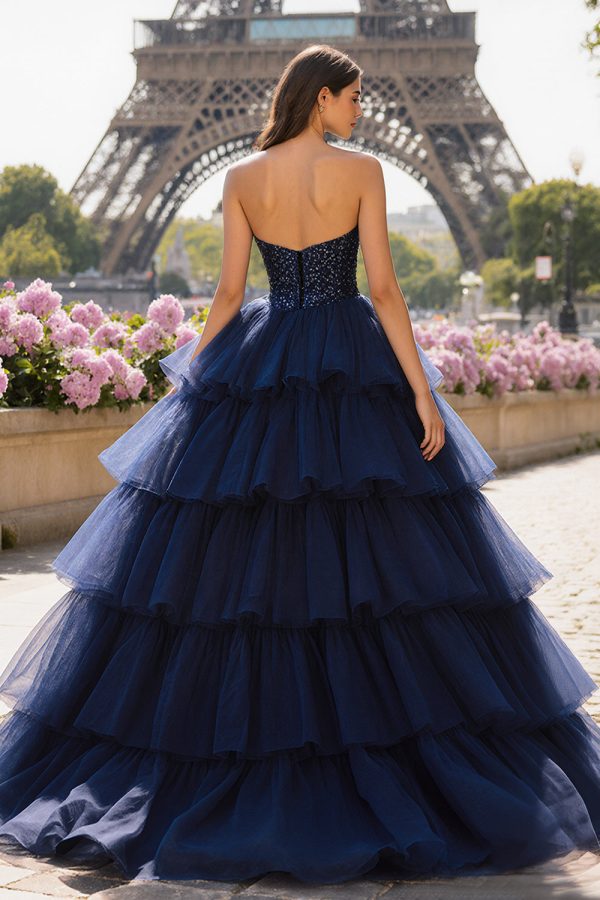 Sparkly Strapless Princess Tiered Navy Prom Dress - Image 2