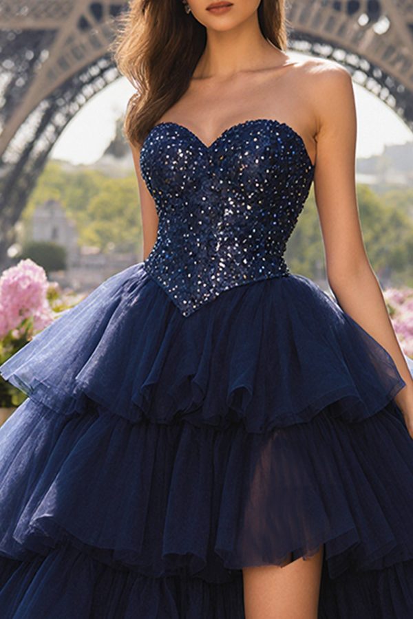 Sparkly Strapless Princess Tiered Navy Prom Dress - Image 3