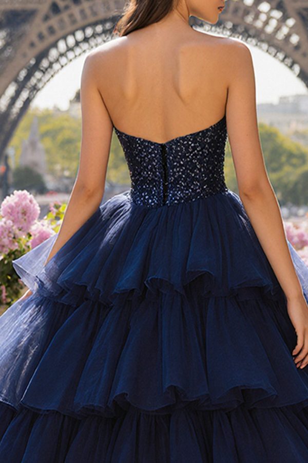 Sparkly Strapless Princess Tiered Navy Prom Dress - Image 4