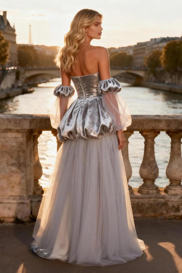 Sparkly Silver A-Line Strapless Prom Dress With Slit - Image 2