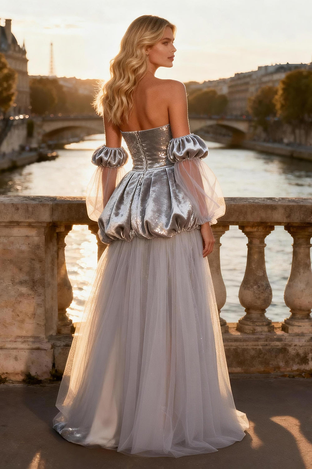 Sparkly Silver A-Line Strapless Prom Dress With Slit - Image 2