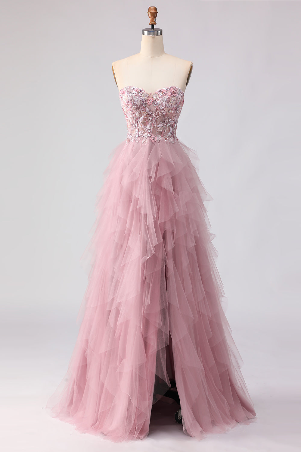 Sparkly Strapless Corset Appliqued Pink Prom Dress - Image 1