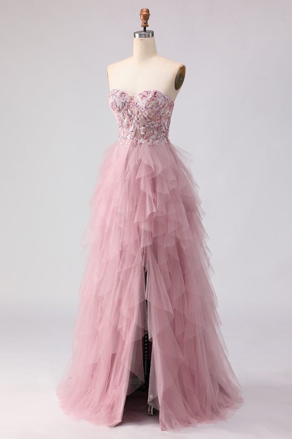 Sparkly Strapless Corset Appliqued Pink Prom Dress - Image 2