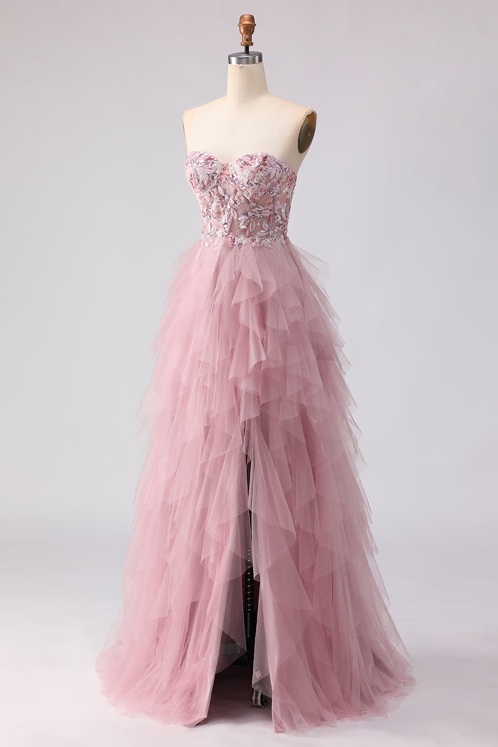 Sparkly Strapless Corset Appliqued Pink Prom Dress - Image 2