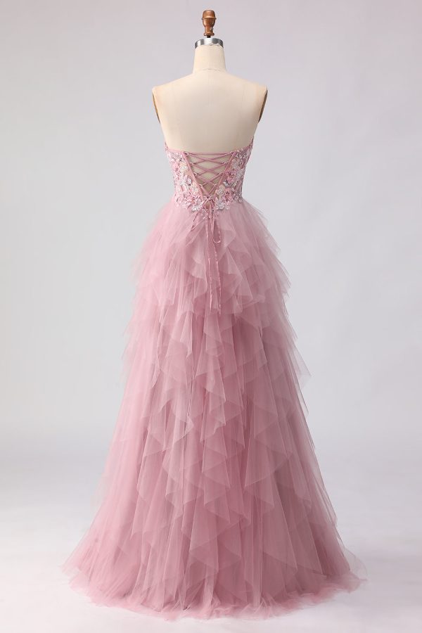 Sparkly Strapless Corset Appliqued Pink Prom Dress - Image 3