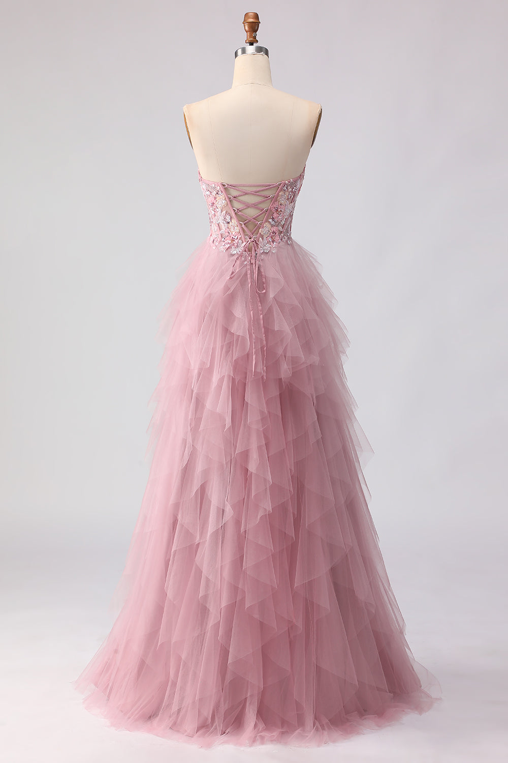 Sparkly Strapless Corset Appliqued Pink Prom Dress - Image 3
