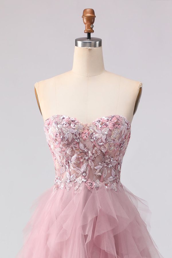 Sparkly Strapless Corset Appliqued Pink Prom Dress - Image 4