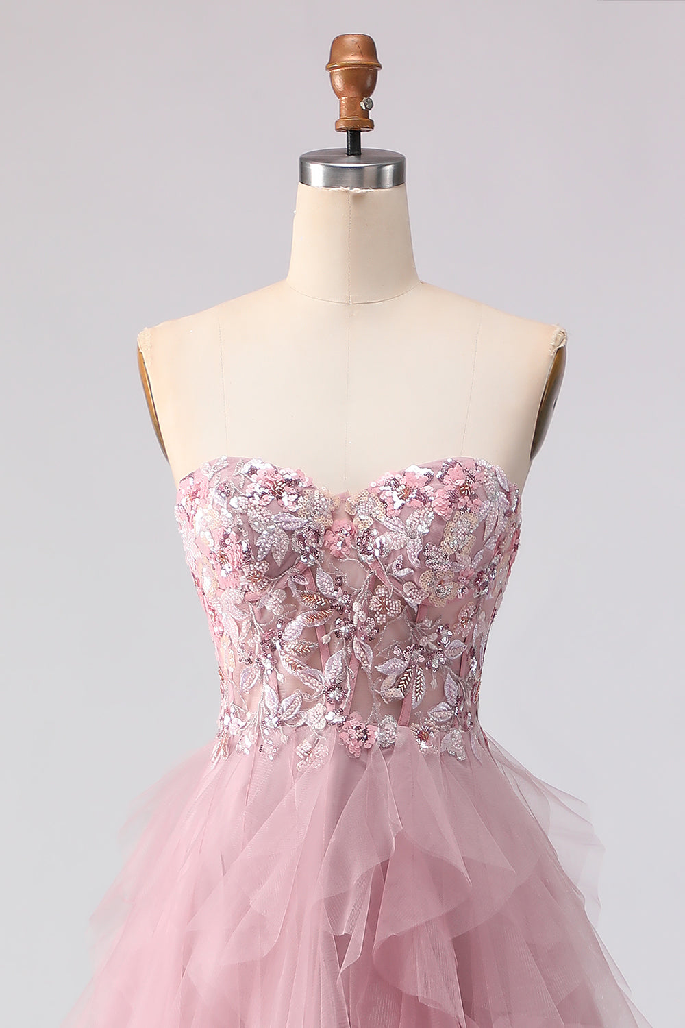 Sparkly Strapless Corset Appliqued Pink Prom Dress - Image 4