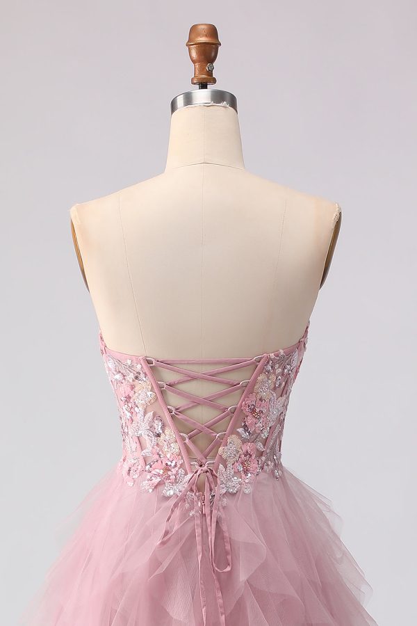 Sparkly Strapless Corset Appliqued Pink Prom Dress - Image 5