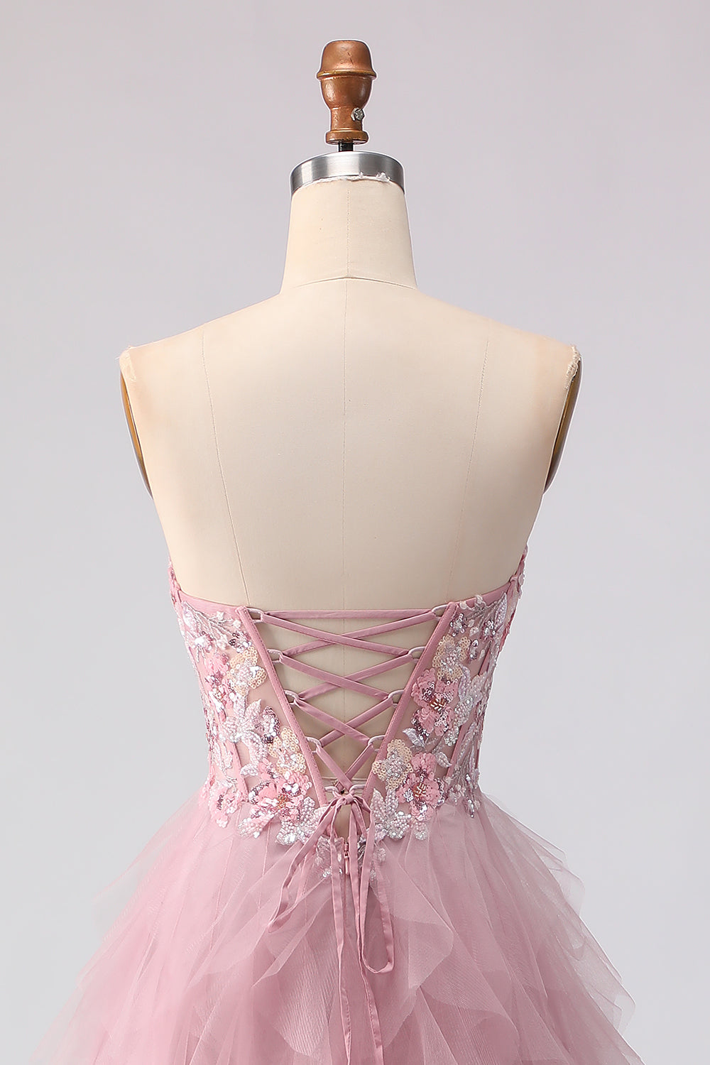 Sparkly Strapless Corset Appliqued Pink Prom Dress - Image 5