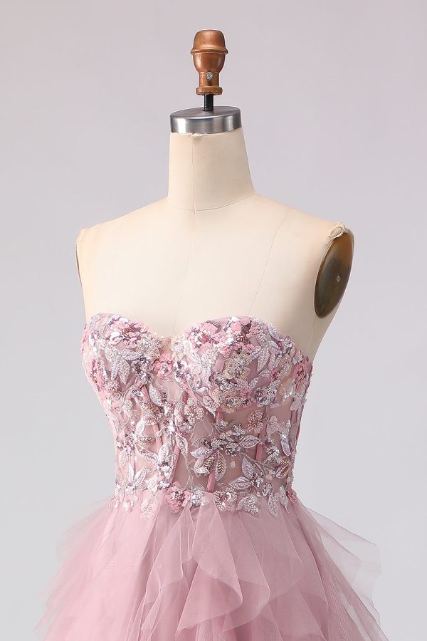 Sparkly Strapless Corset Appliqued Pink Prom Dress - Image 6