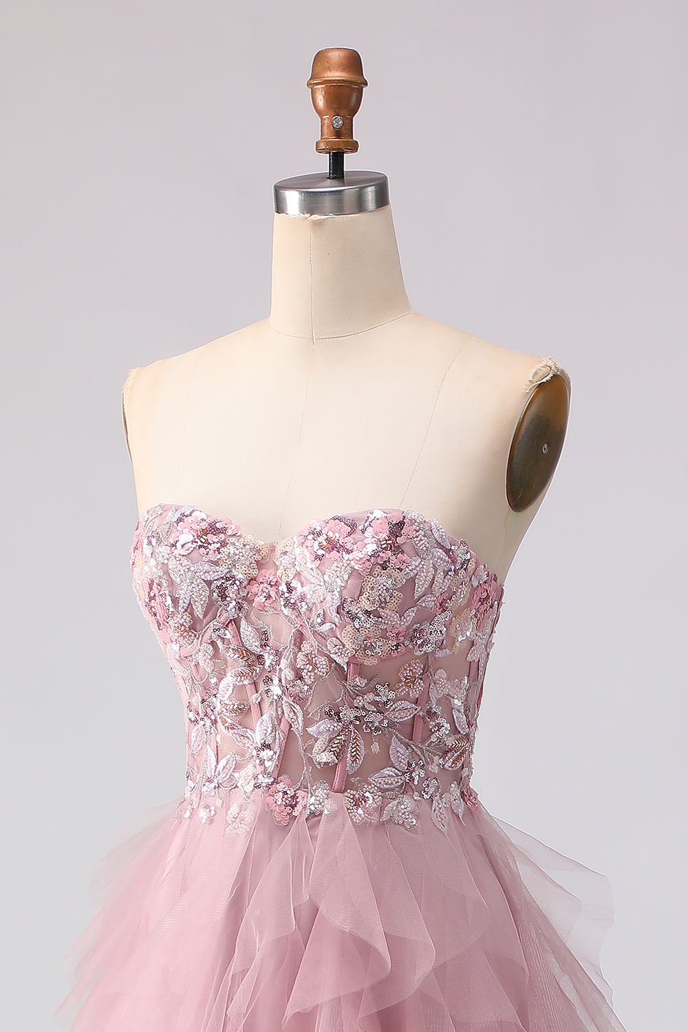 Sparkly Strapless Corset Appliqued Pink Prom Dress - Image 6