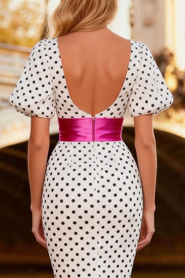 Square Neck Mermaid Black and White Polka Dot Prom Dress - Image 4