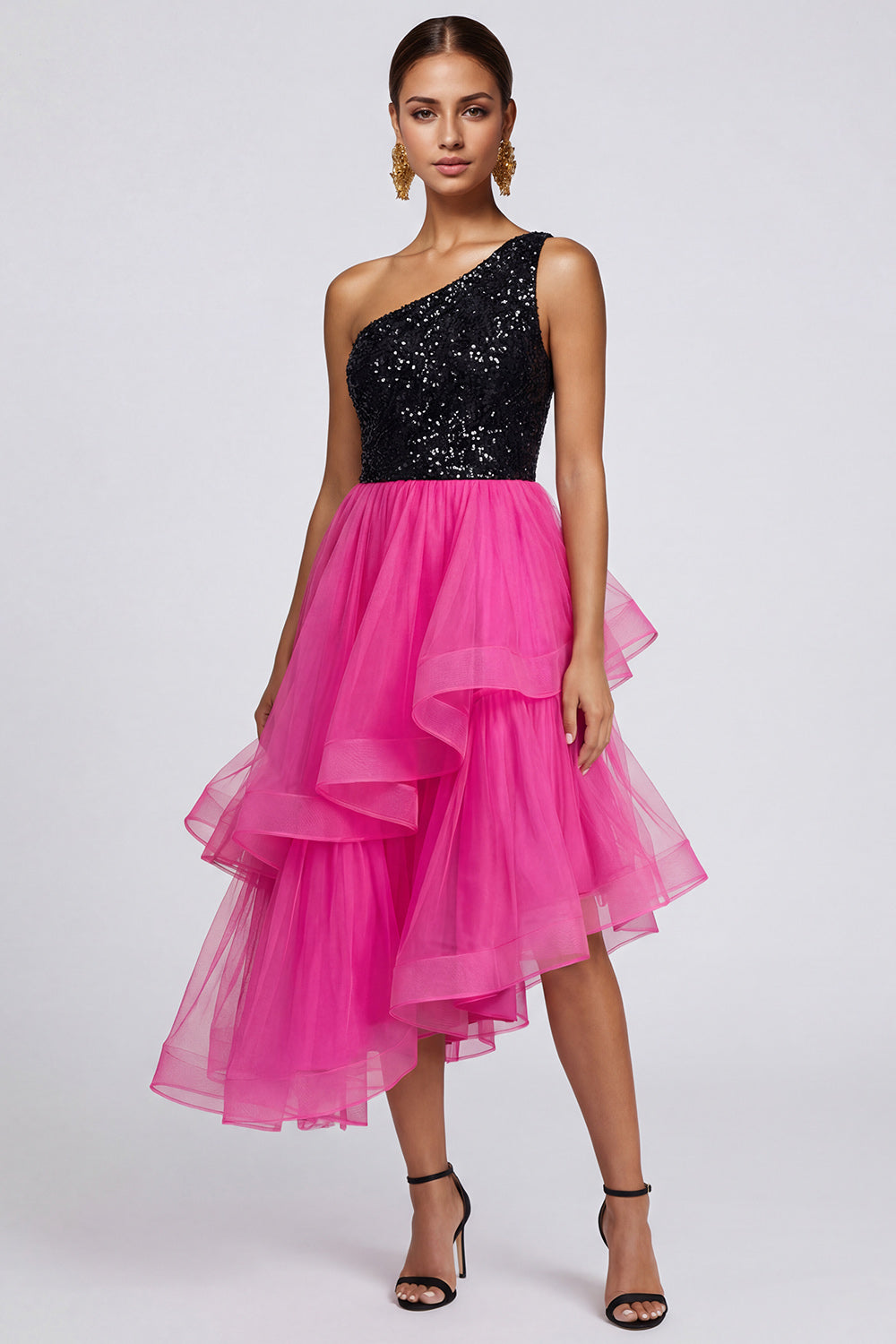 Sparkly Tiered One Shoulder Fuchsia and Black Formal Dress - Image 1