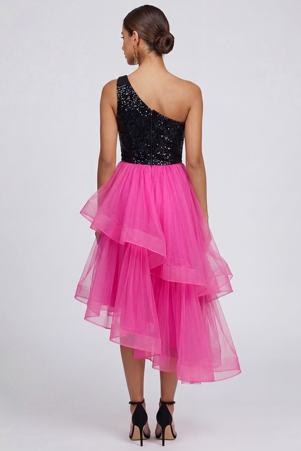 Sparkly Tiered One Shoulder Fuchsia and Black Formal Dress - Image 2