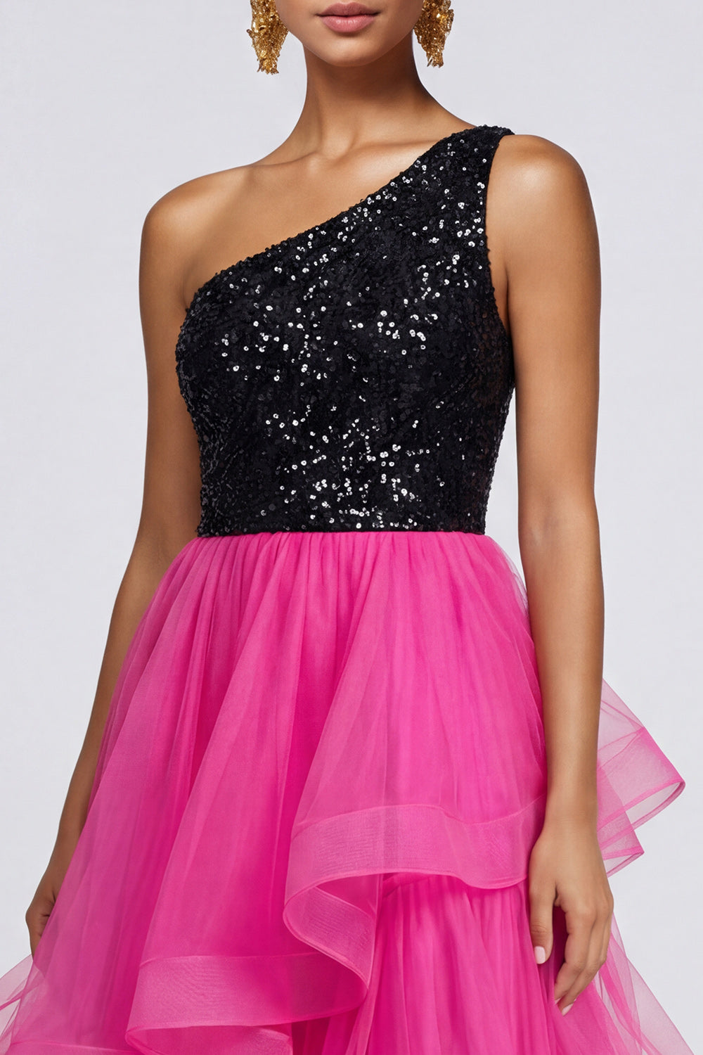 Sparkly Tiered One Shoulder Fuchsia and Black Formal Dress - Image 3