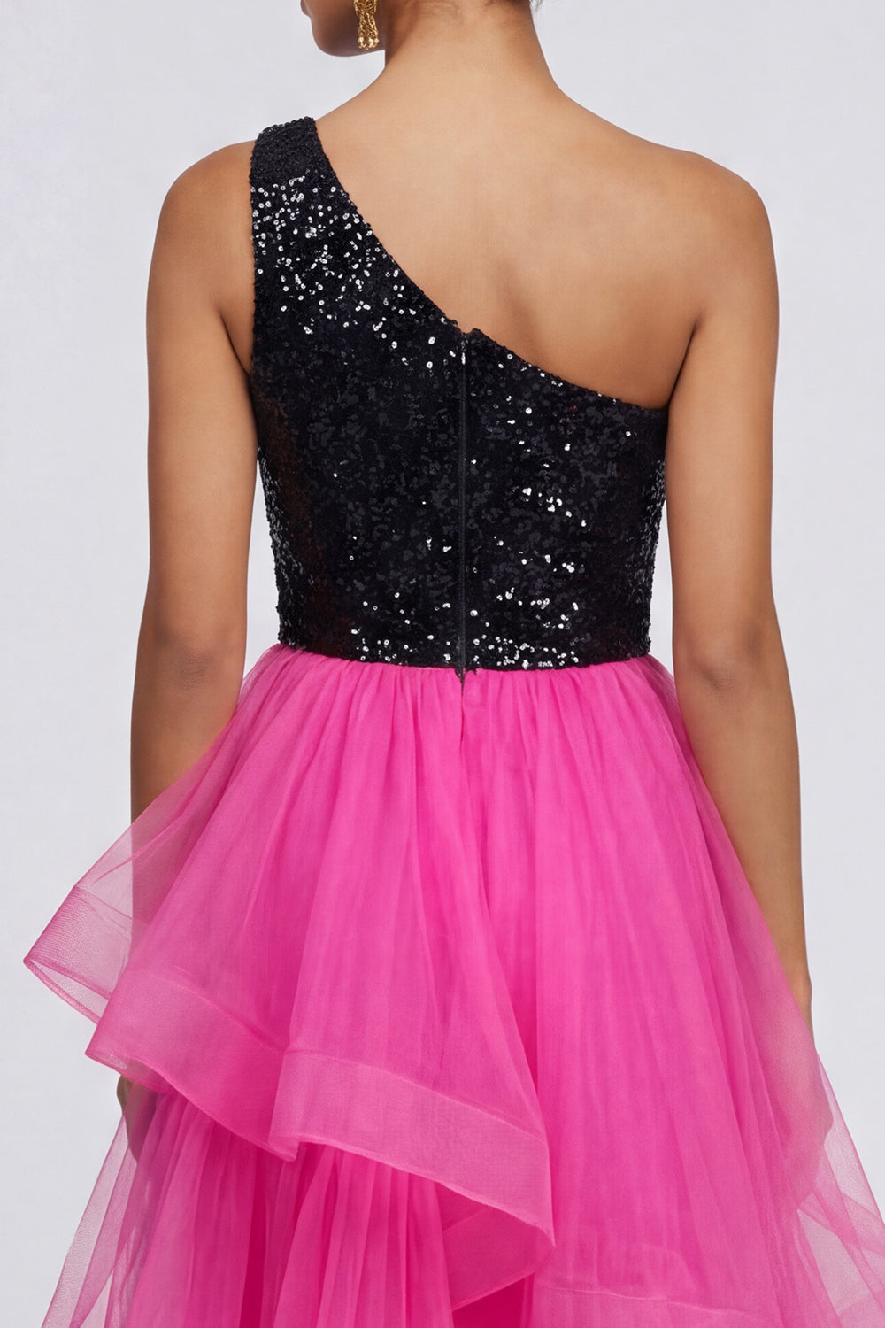 Sparkly Tiered One Shoulder Fuchsia and Black Formal Dress - Image 4