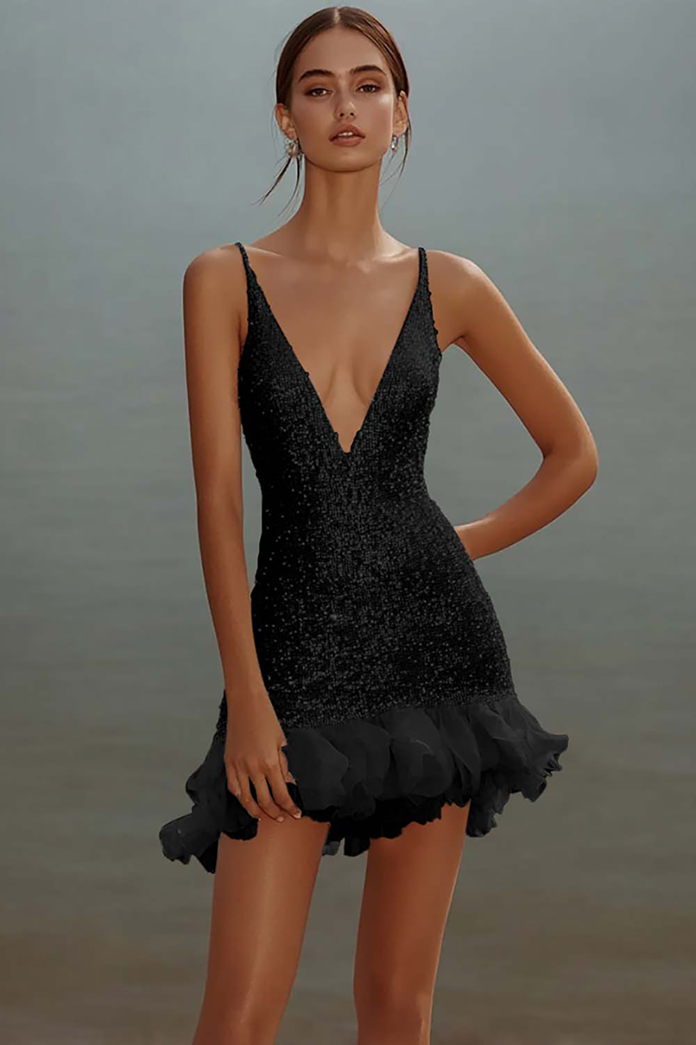 Sparkly White V-Neck Mini Dress With Ruffles - Image 4