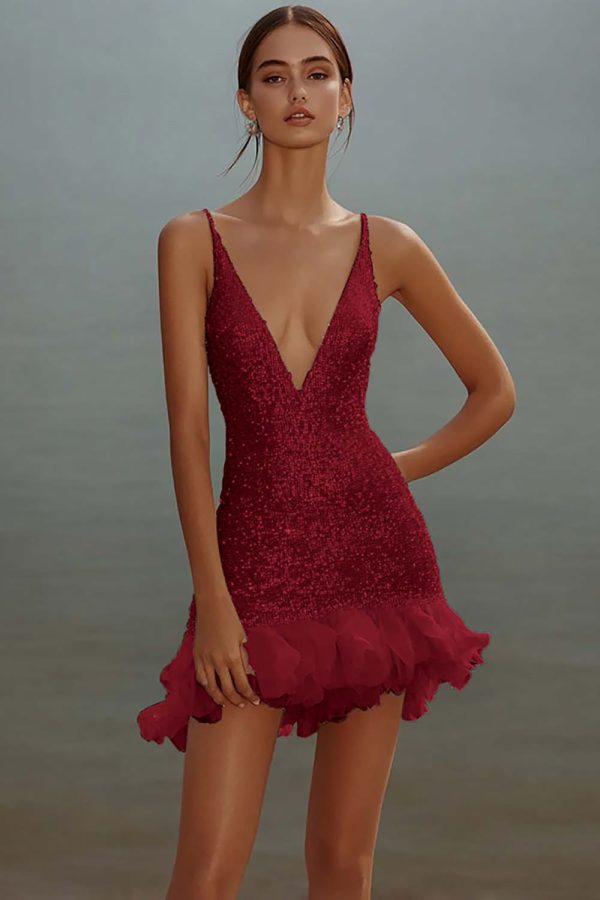 Sparkly White V-Neck Mini Dress With Ruffles - Image 5