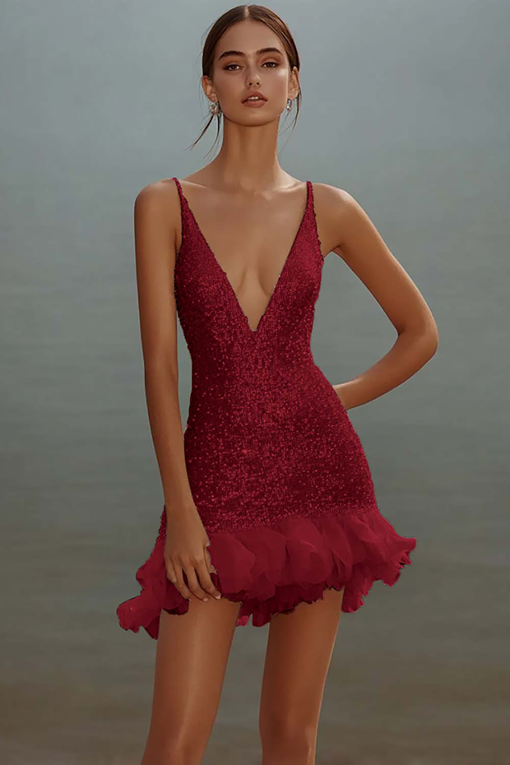 Sparkly White V-Neck Mini Dress With Ruffles - Image 5