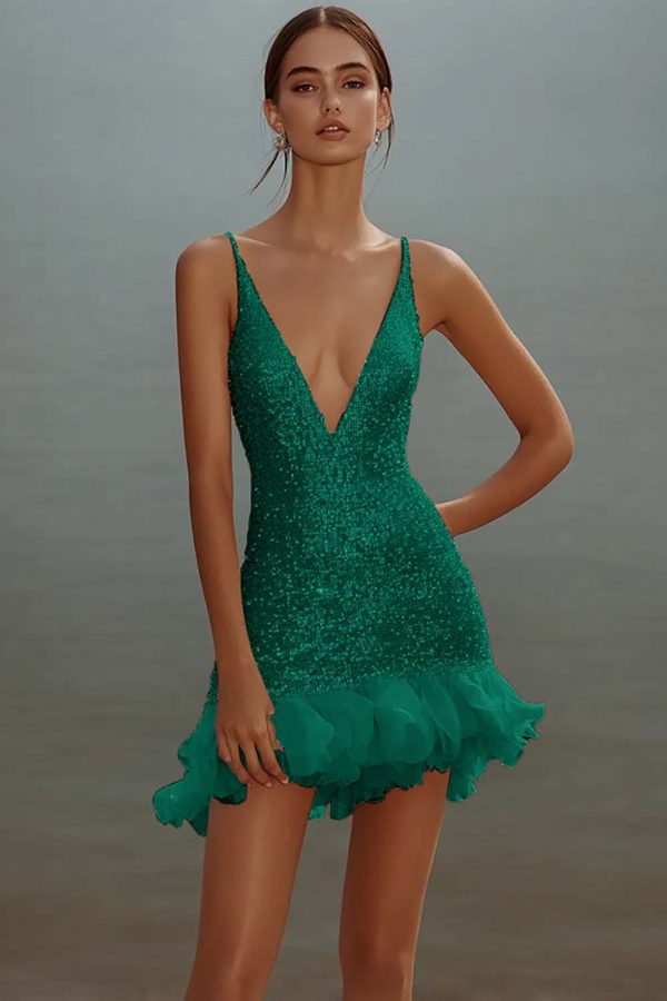 Sparkly White V-Neck Mini Dress With Ruffles - Image 6