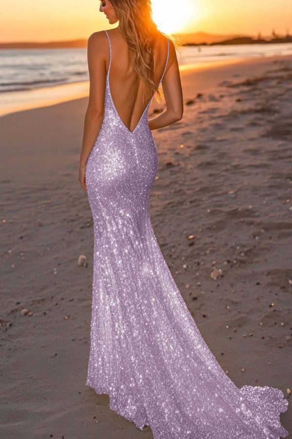 Sparkly Backless Silver Mermaid Formal Dress - Image 15