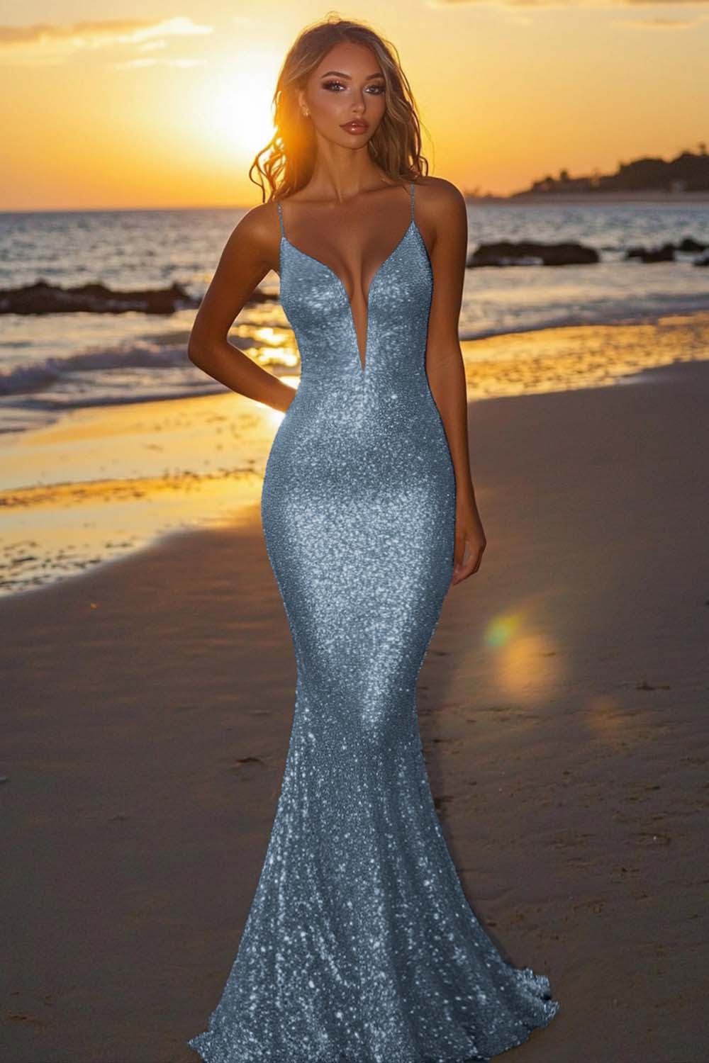 Sparkly Backless Silver Mermaid Formal Dress - Image 16