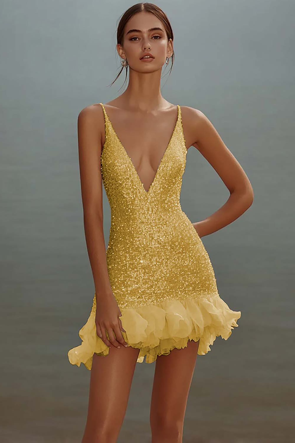 Sparkly White V-Neck Mini Dress With Ruffles - Image 8