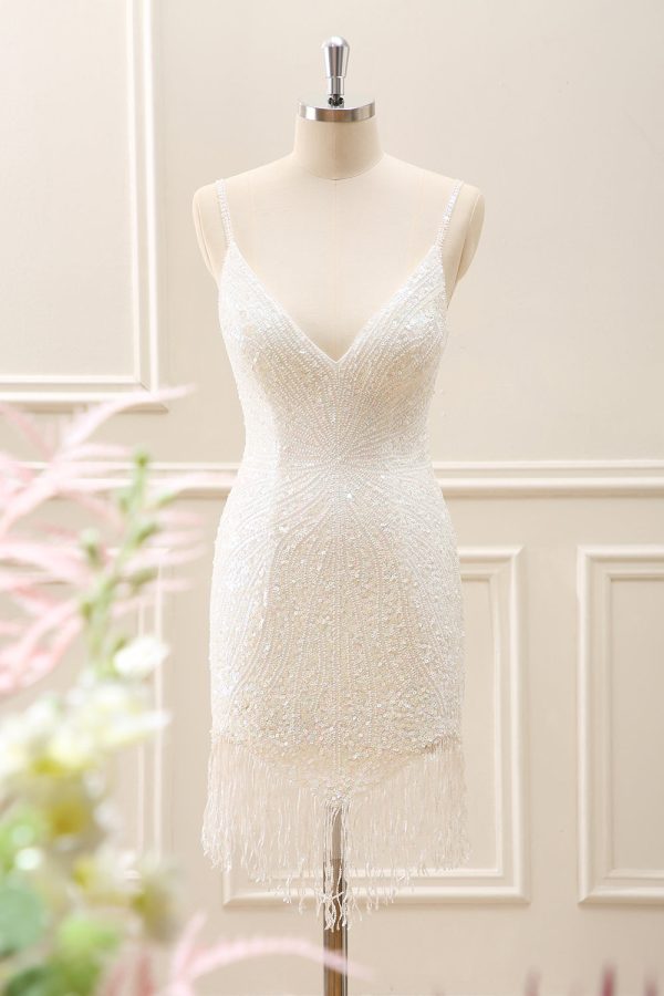 Sparkly White Tight Mini Dress with Tassels - Image 1
