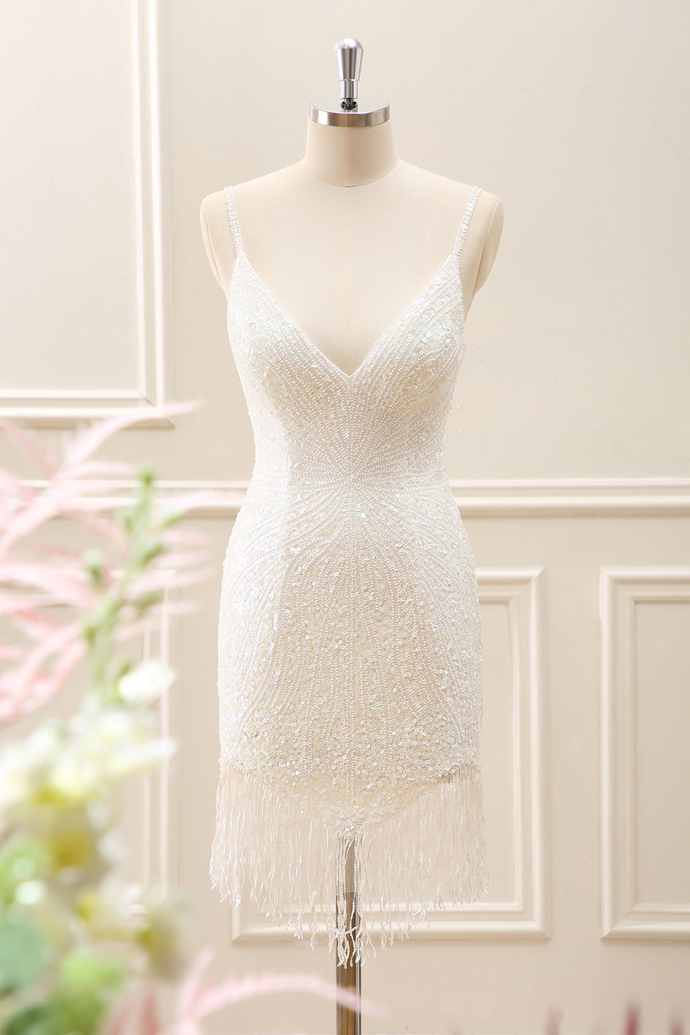 Sparkly White Tight Mini Dress with Tassels - Image 1