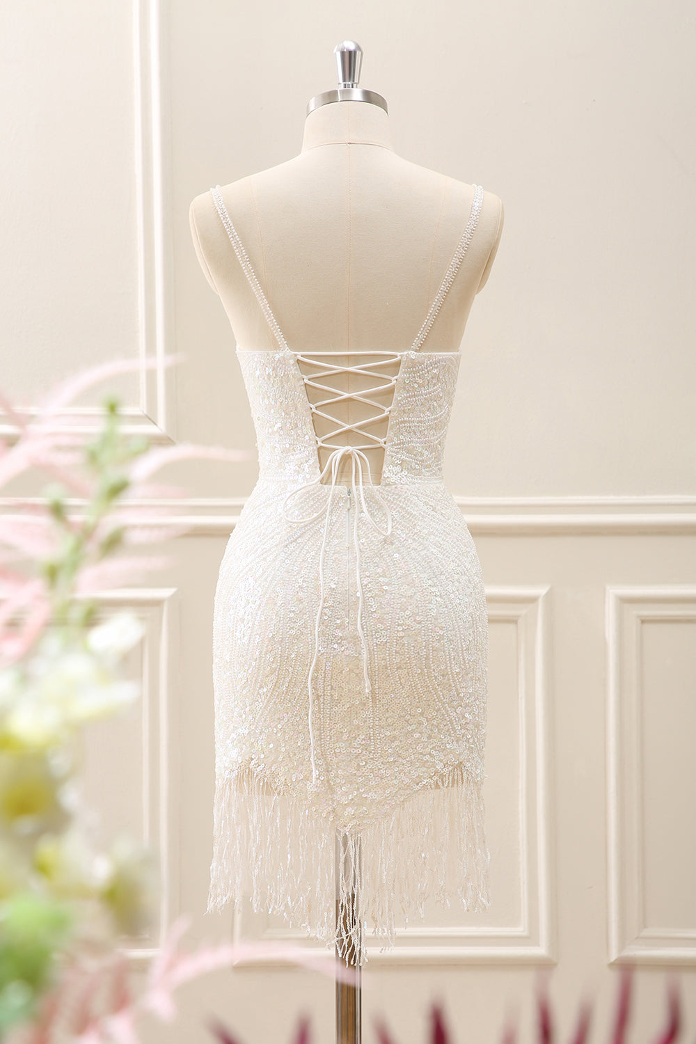 Sparkly White Tight Mini Dress with Tassels - Image 2