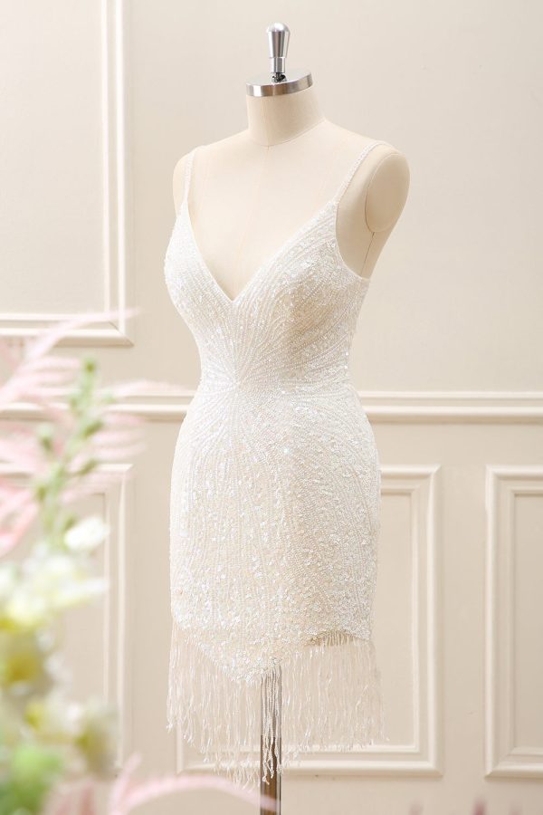 Sparkly White Tight Mini Dress with Tassels - Image 5