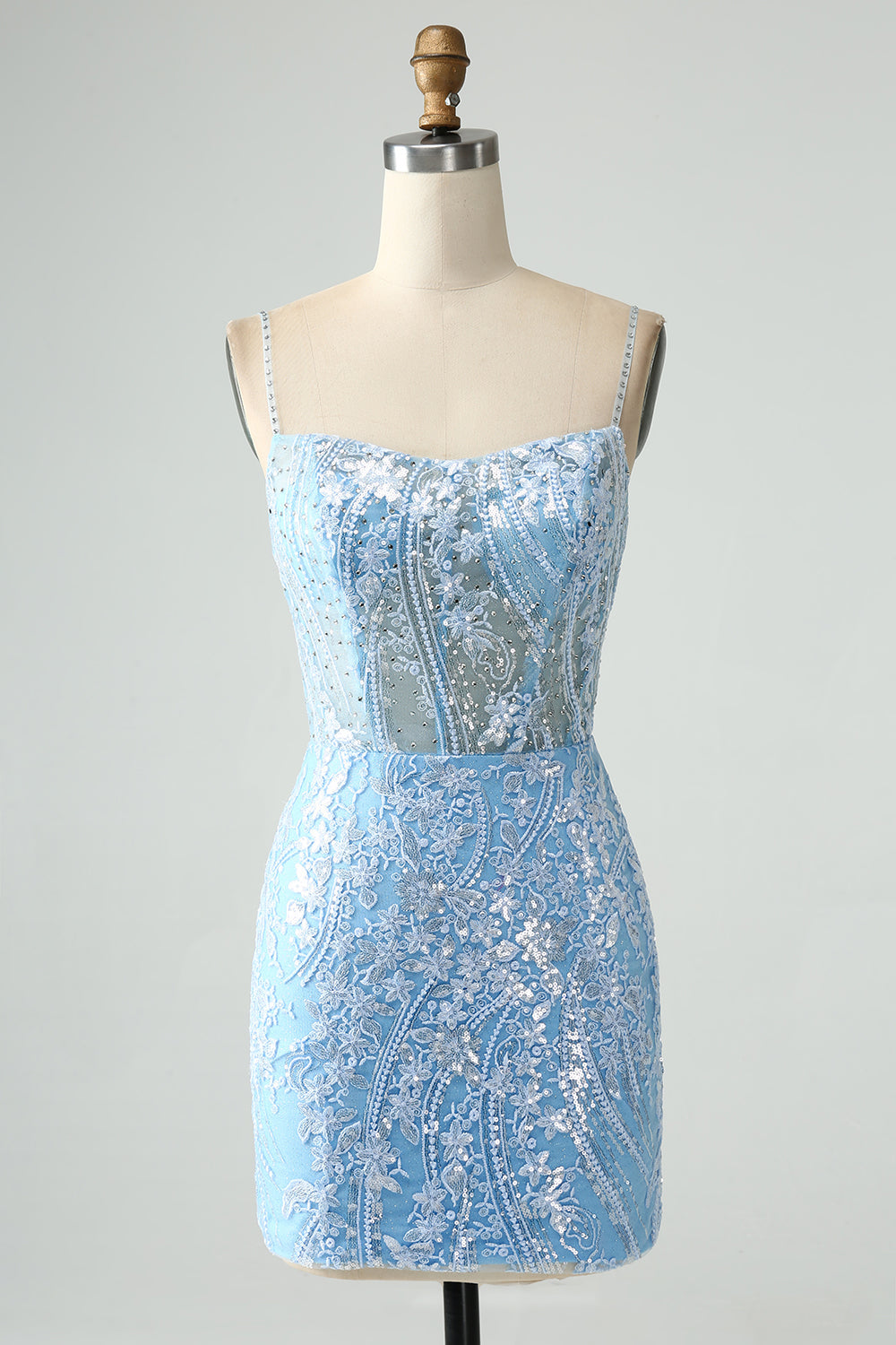 Sparkly Sky Blue Spaghetti Straps Beaded Mini Dress - Image 1