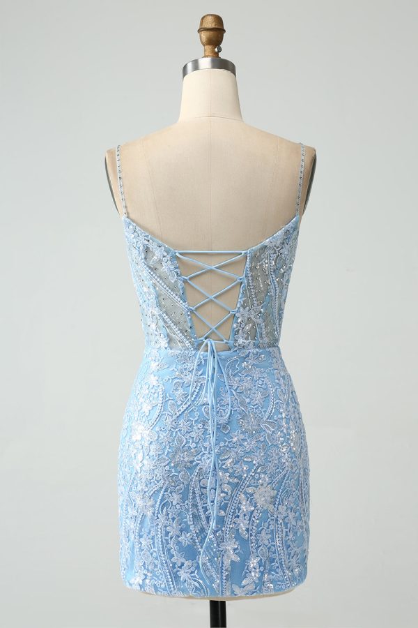 Sparkly Sky Blue Spaghetti Straps Beaded Mini Dress - Image 2