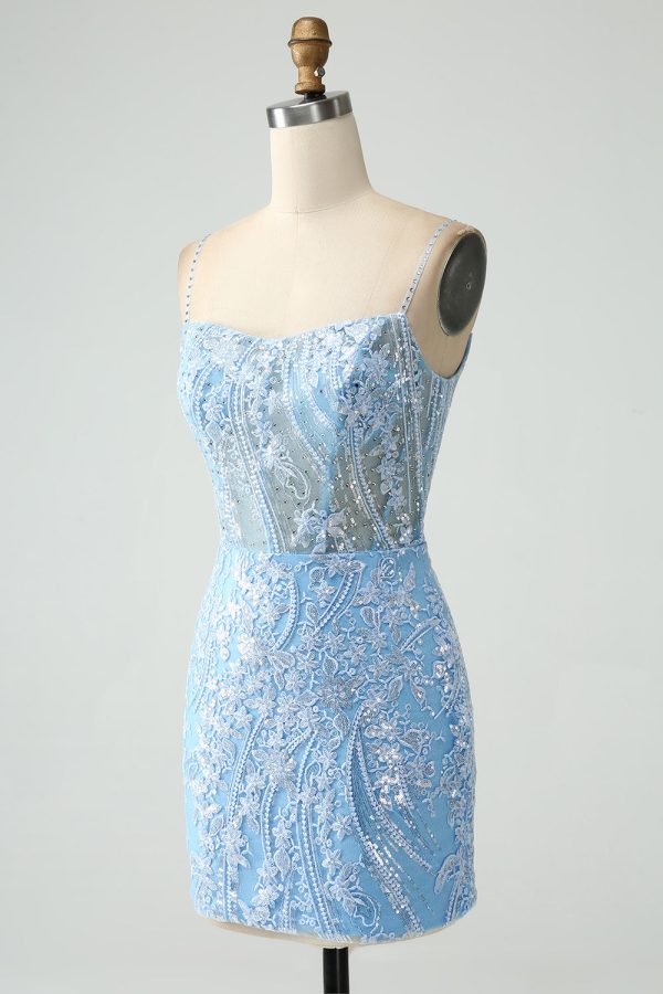 Sparkly Sky Blue Spaghetti Straps Beaded Mini Dress - Image 3