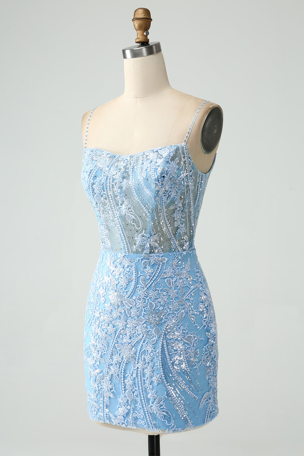 Sparkly Sky Blue Spaghetti Straps Beaded Mini Dress - Image 3