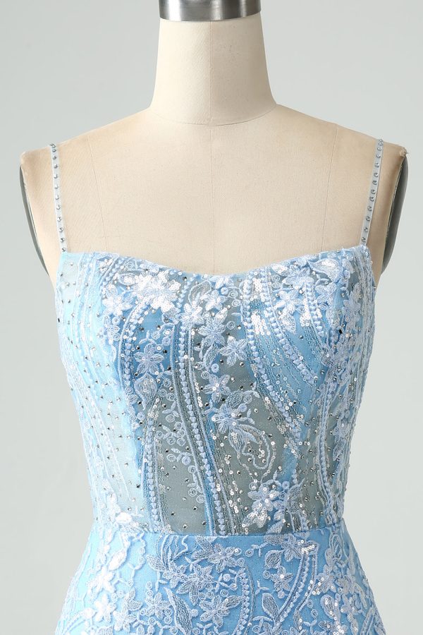 Sparkly Sky Blue Spaghetti Straps Beaded Mini Dress - Image 4