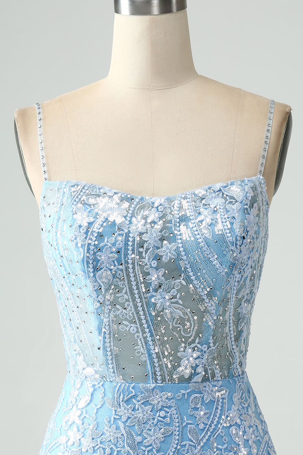 Sparkly Sky Blue Spaghetti Straps Beaded Mini Dress - Image 4