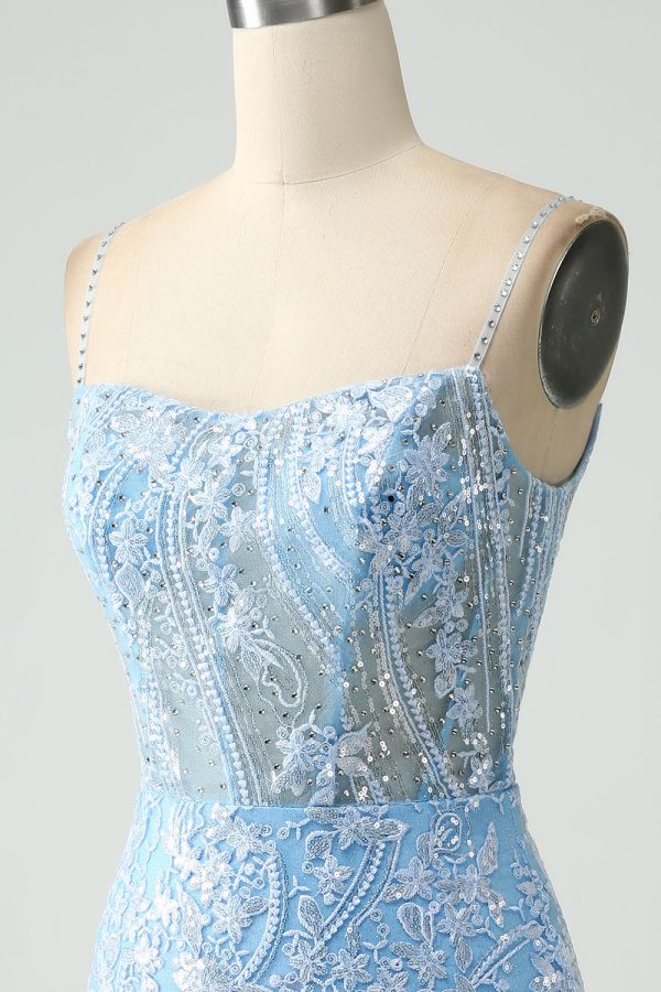 Sparkly Sky Blue Spaghetti Straps Beaded Mini Dress - Image 6