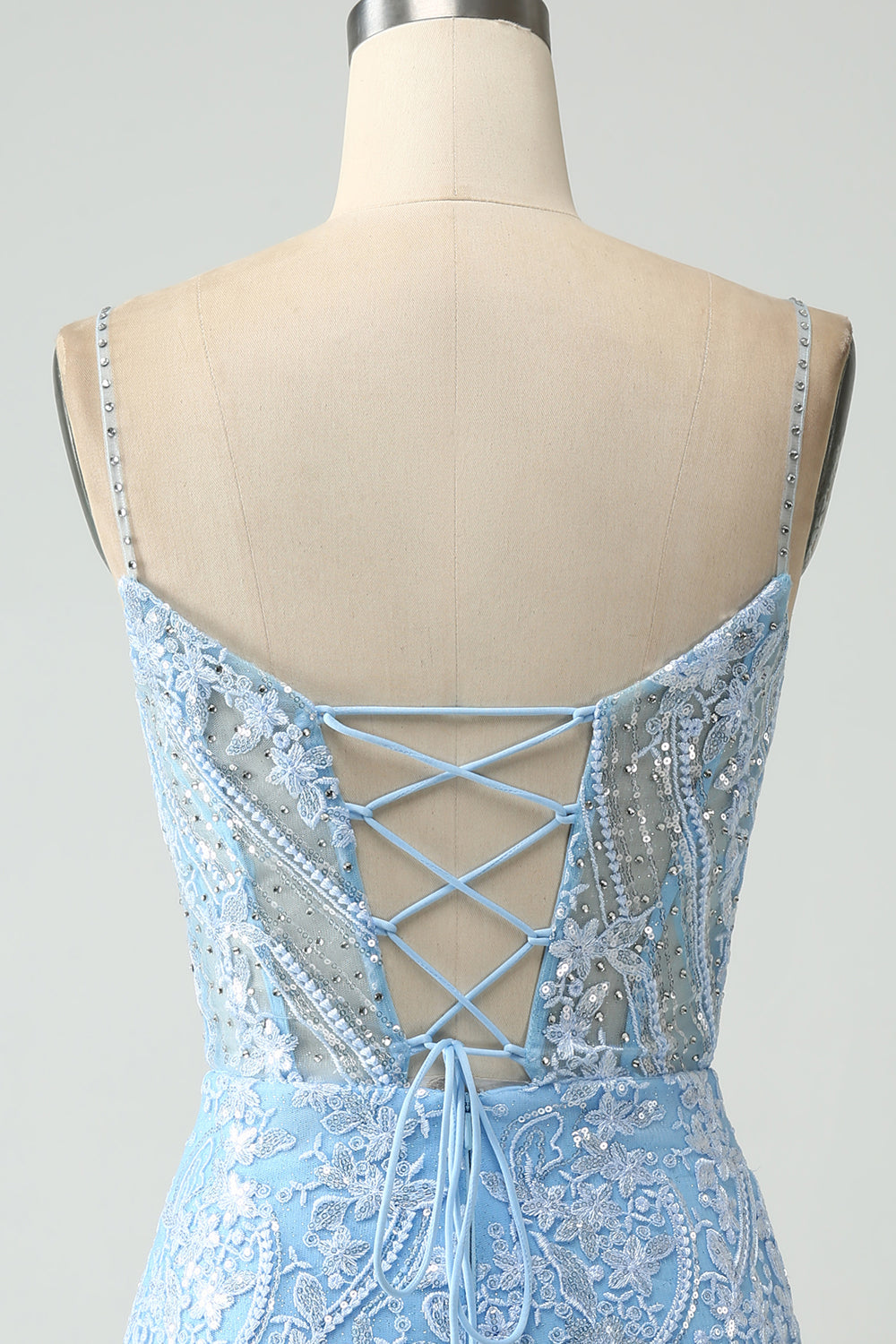 Sparkly Sky Blue Spaghetti Straps Beaded Mini Dress - Image 5