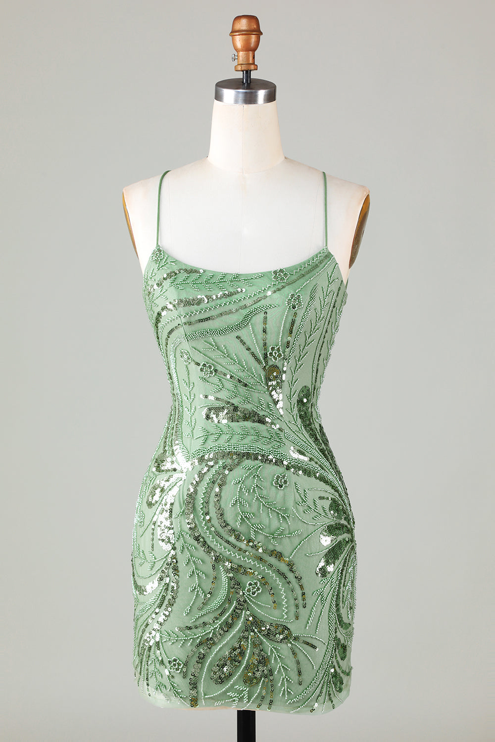 Sparkly Sheath Spaghetti Straps Green Mini Dress with Criss Cross Back - Image 1