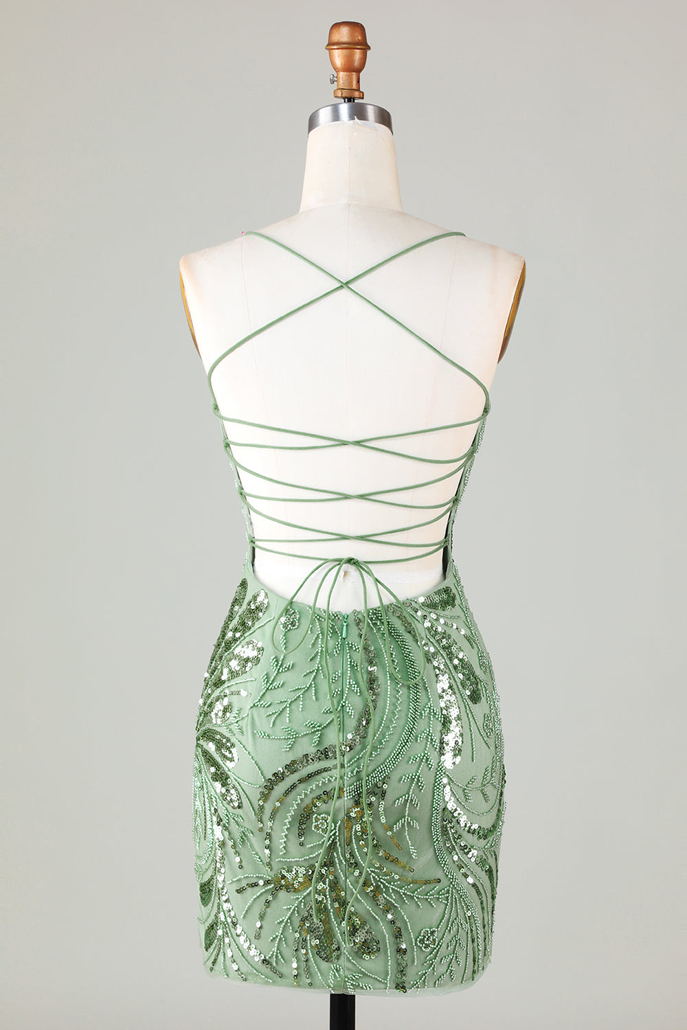 Sparkly Sheath Spaghetti Straps Green Mini Dress with Criss Cross Back - Image 2