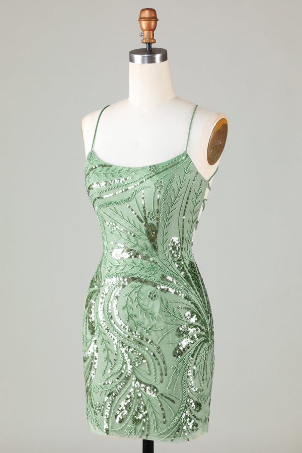Sparkly Sheath Spaghetti Straps Green Mini Dress with Criss Cross Back - Image 3