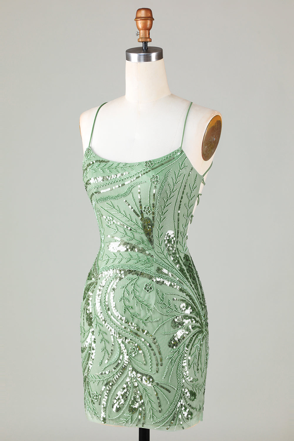 Sparkly Sheath Spaghetti Straps Green Mini Dress with Criss Cross Back - Image 3
